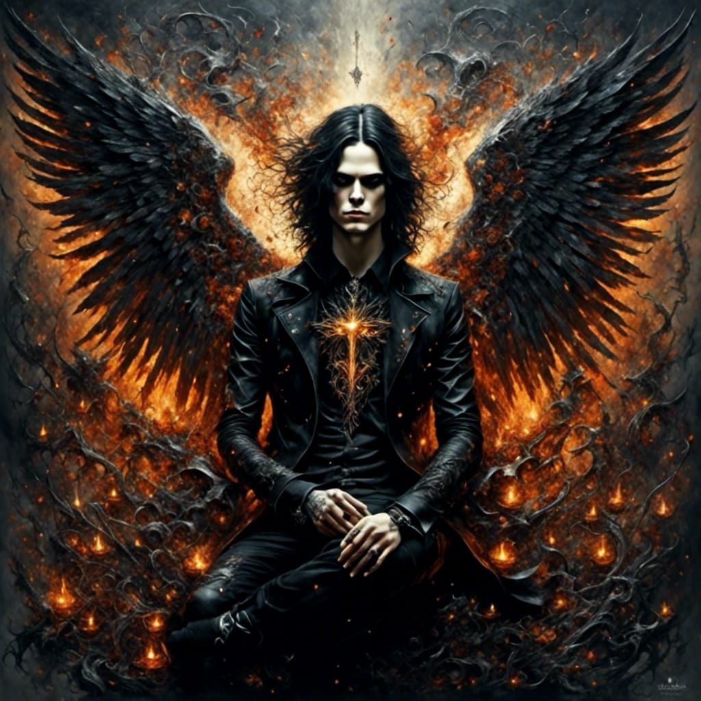 Gothic Angel with Burning Wings and Heartagram