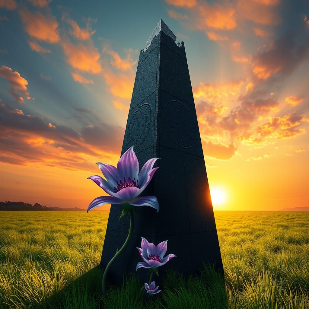 Majestic Black Obelisk in Lush Emerald Field