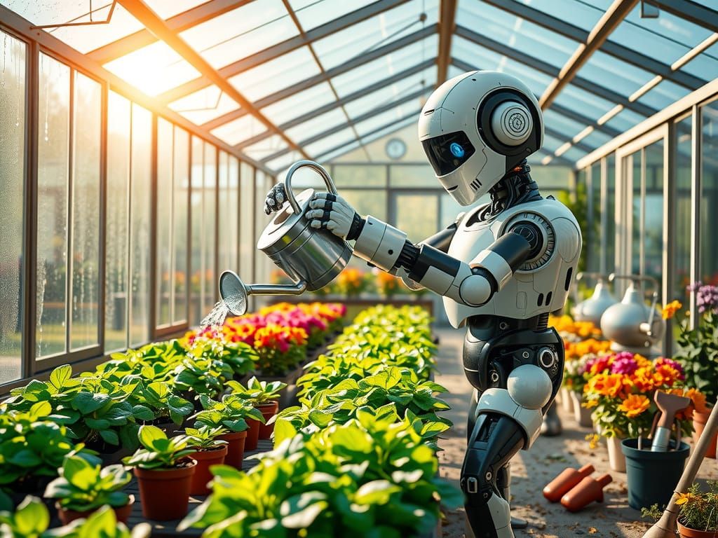 Photorealistic Robot Gardener in Sunlit Glasshouse