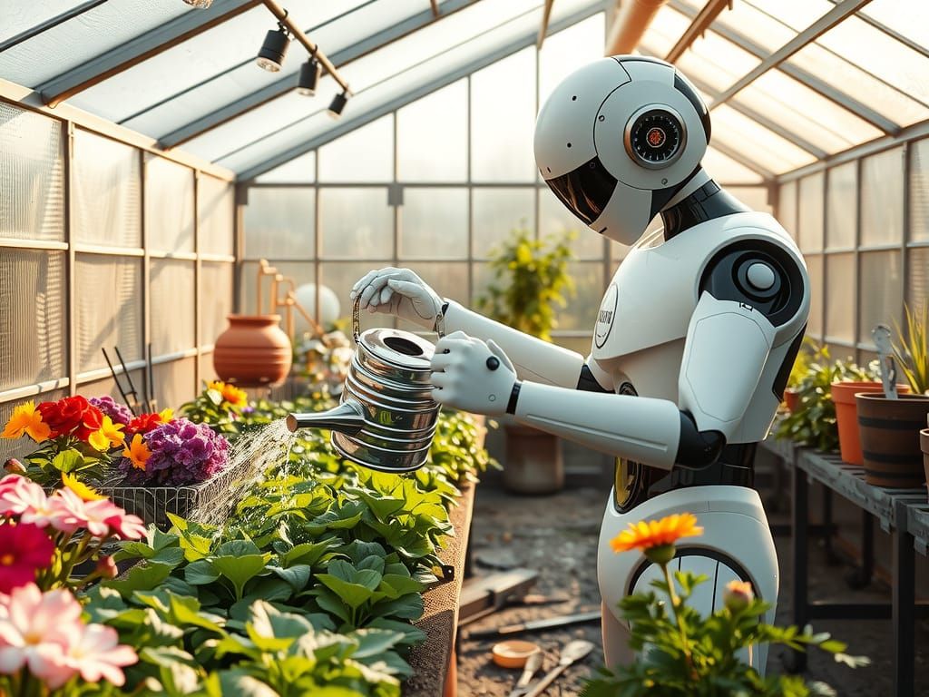 Photorealistic Robot Gardener Tending Lush Glasshouse