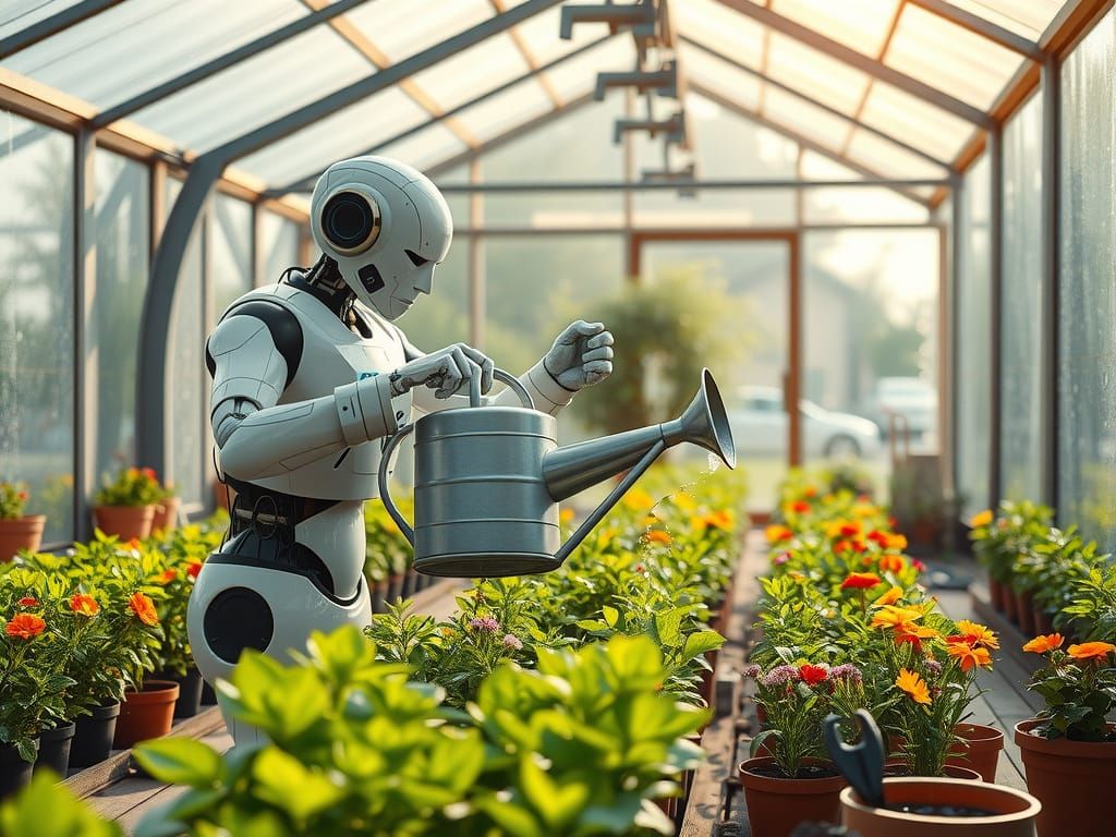 Photorealistic Robot Gardener in Sunlit Glasshouse