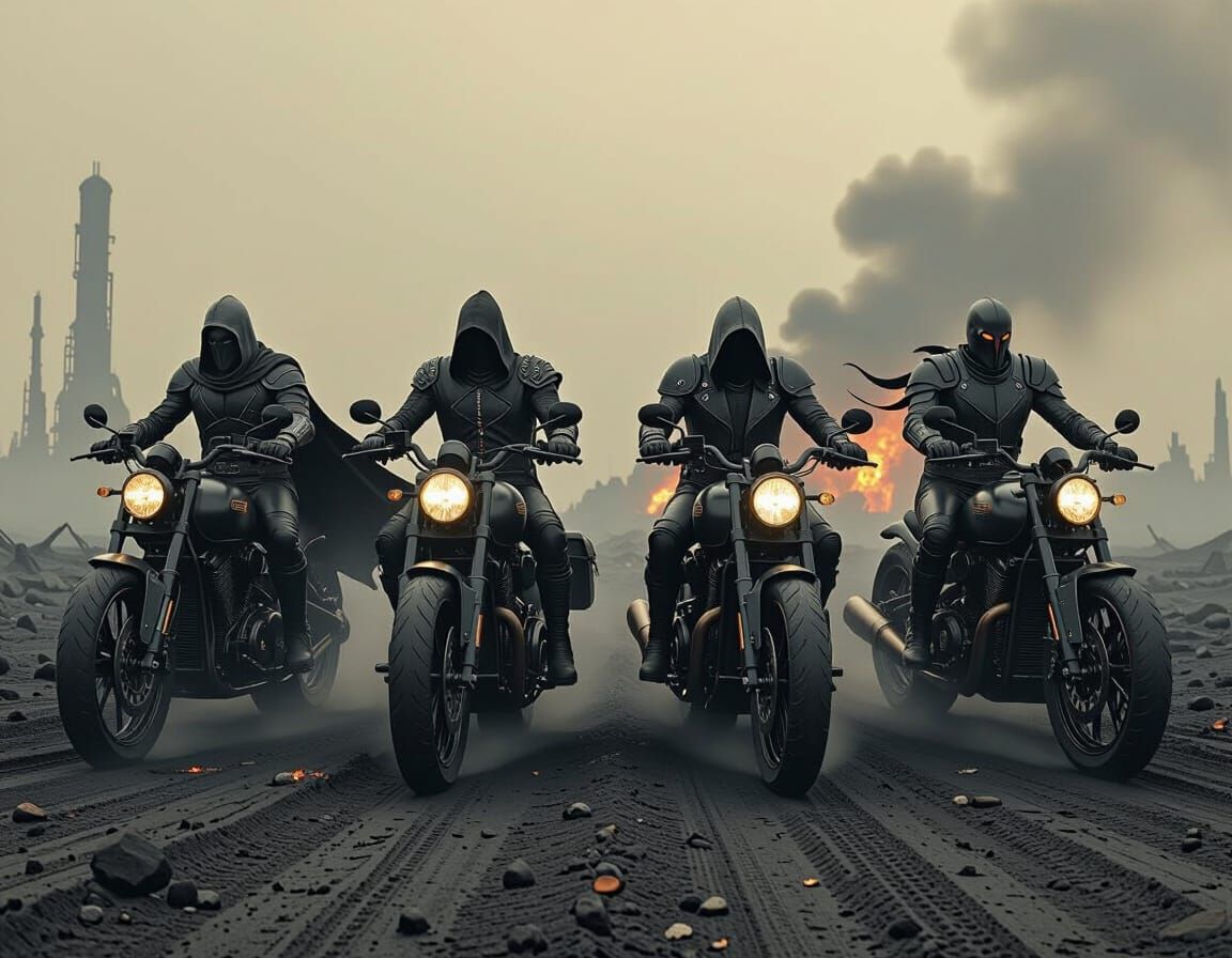 Four Horsemen of the Apocalypse on Cyberpunk Motorcycles