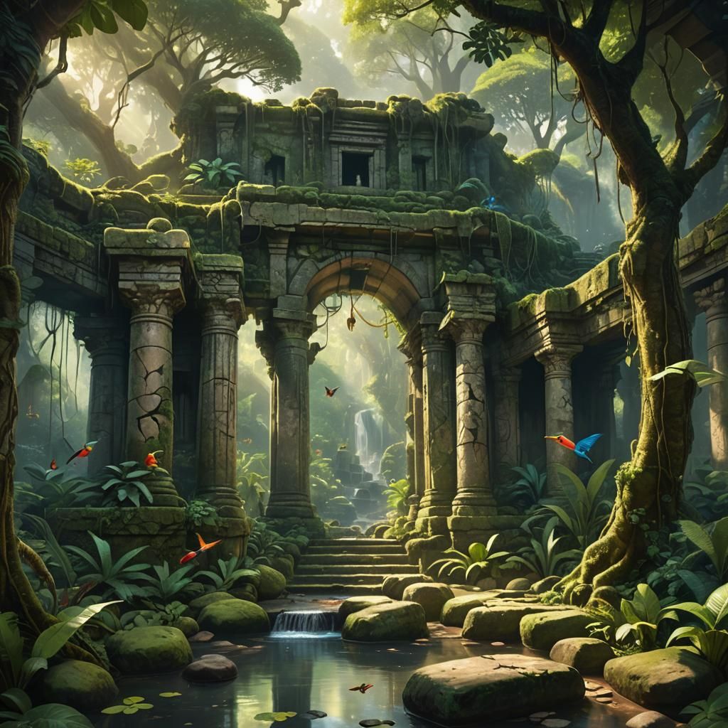 Ancient Jungle Temple Ruins in Detailed Matte Painting