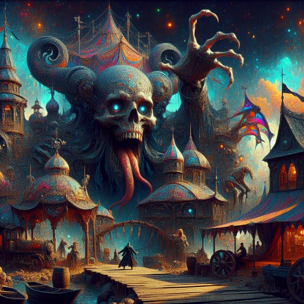 Eerie Haunted Carnival in Pre-1912 Art Style