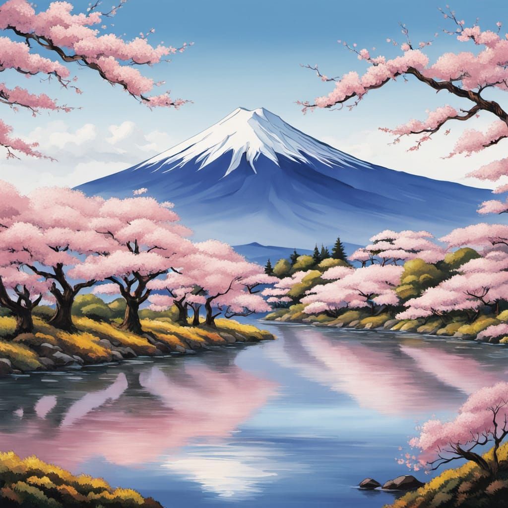 Surreal Cherry Blossom Scene Against Majestic Mount Fuji