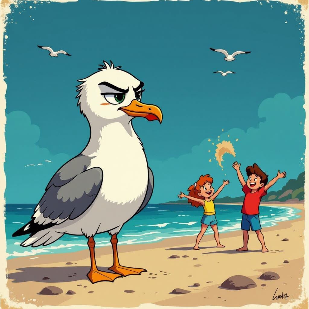 Melancholy Seagull on Desolate Shore in 80s Animation Style