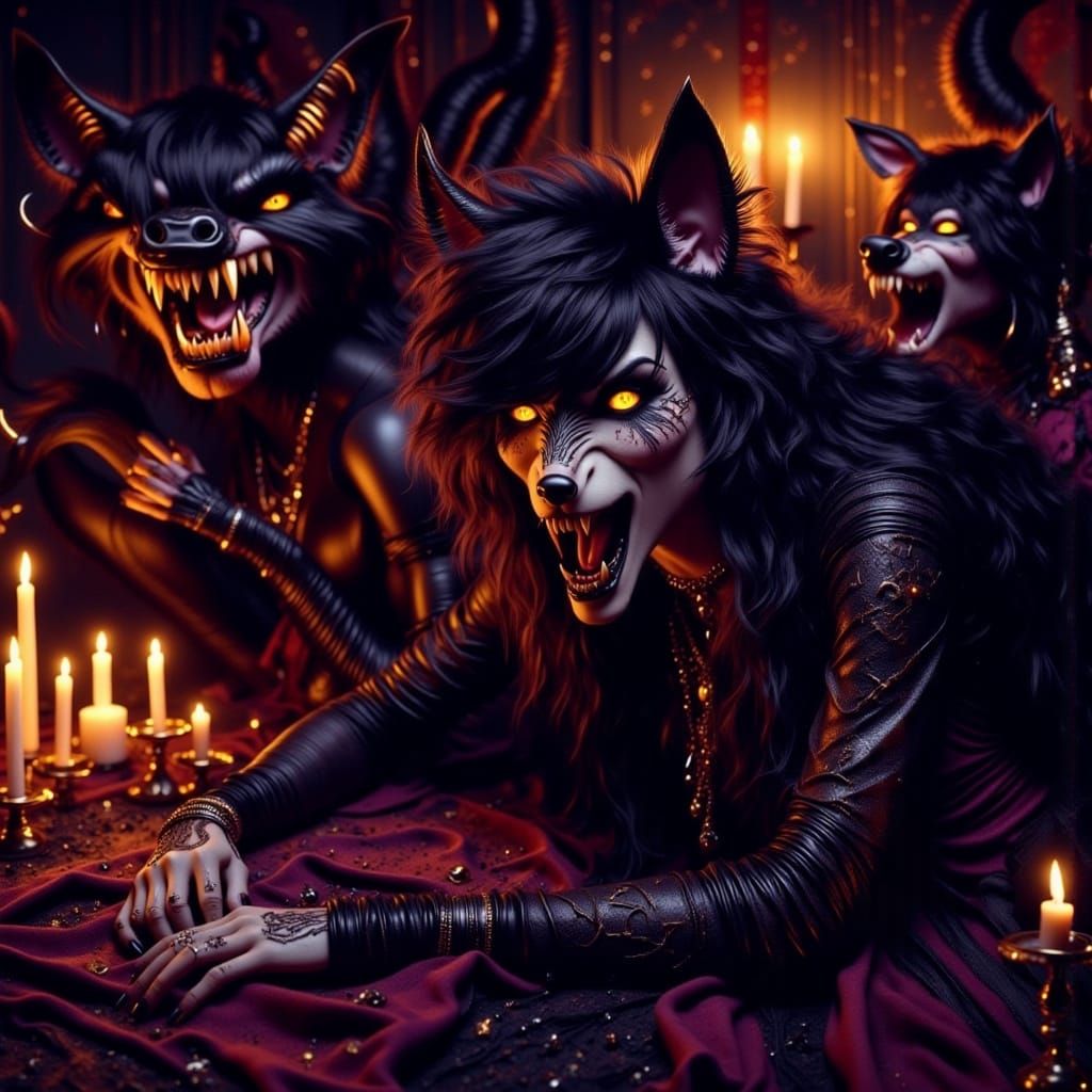 Dark Fantasy Wolf in Corner, Surrounded by Snarling Pigs