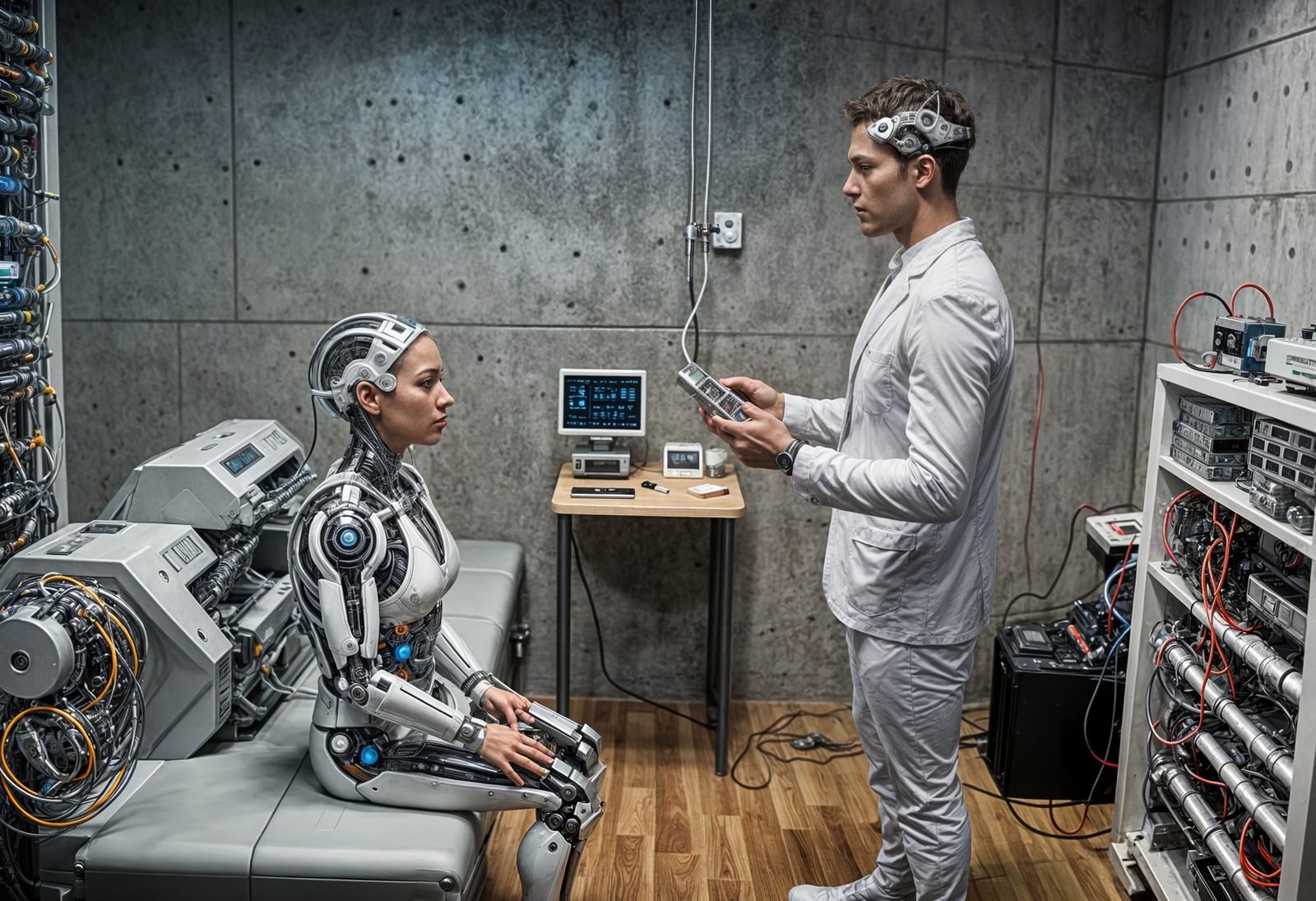 Cyborg Energy Transfer in a Neon-lit Futuristic Scene