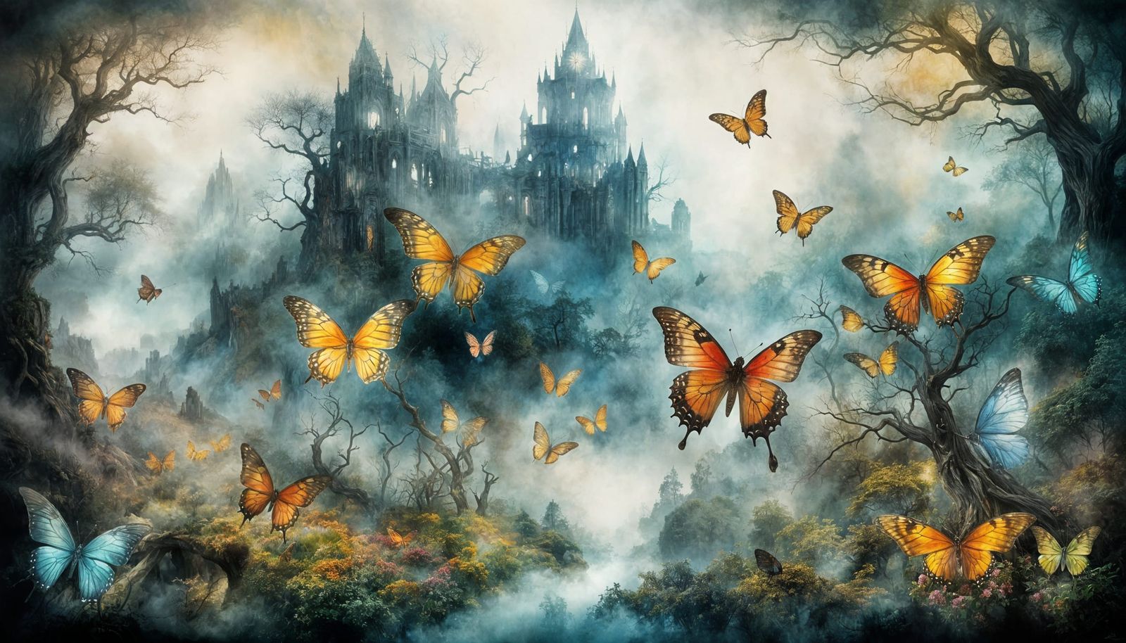 Surreal Dryad Landscape with Colorful Butterflies in Waterco...