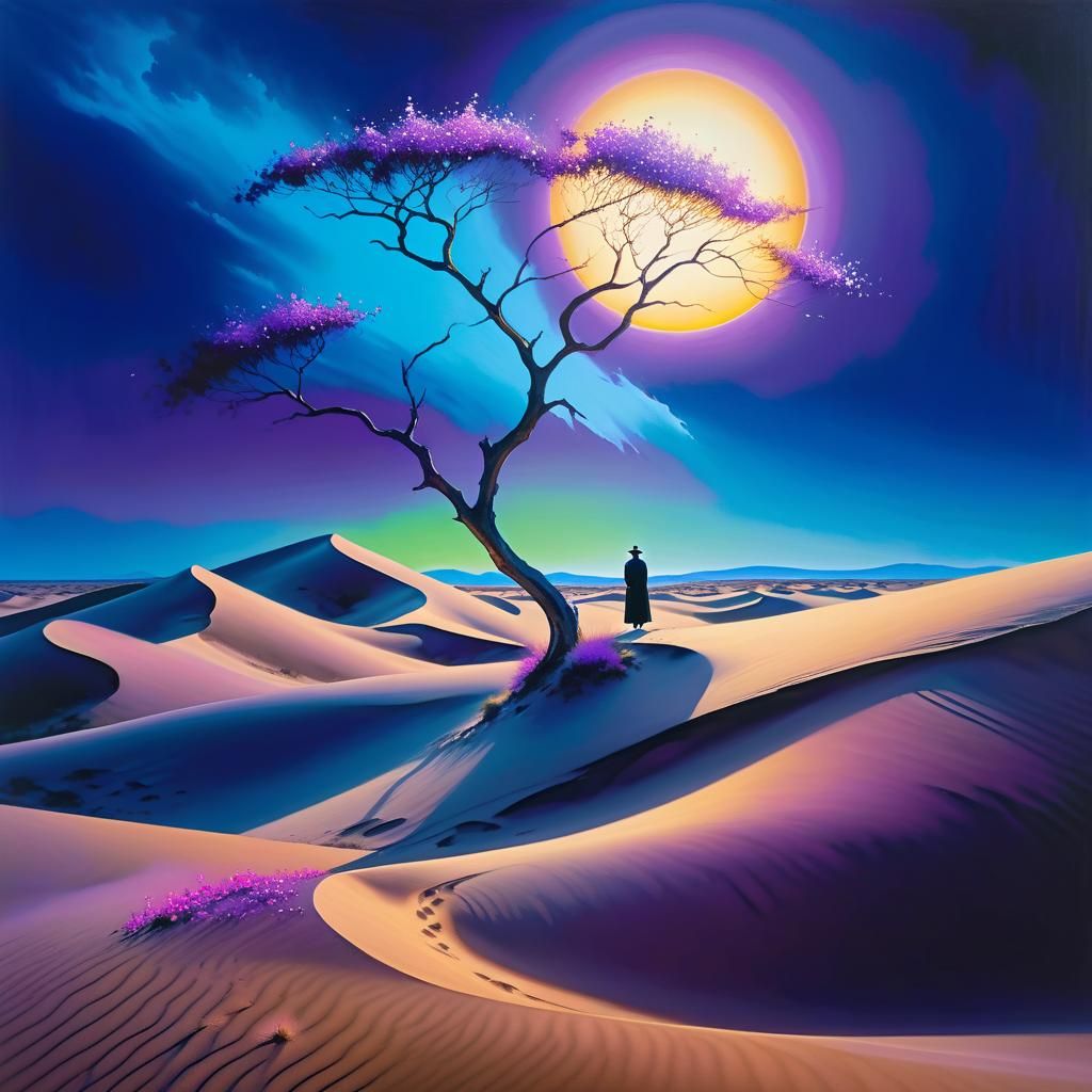 Lonely Figure in Surreal Desert Landscape