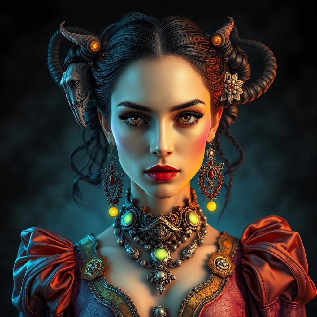 Hyperrealistic Portrait of an Enigmatic Woman in Dark, Dream...