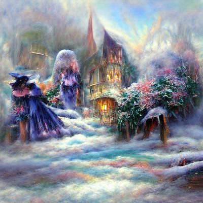 Ethereal Winter Witch in Kinkade Style