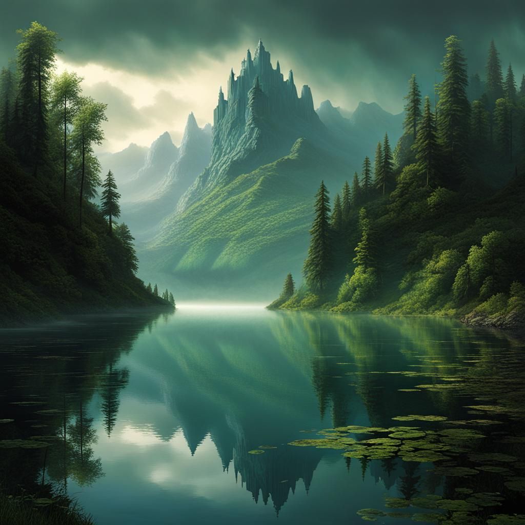 Giant Misty Lake with Towering Peaks in Horror Style