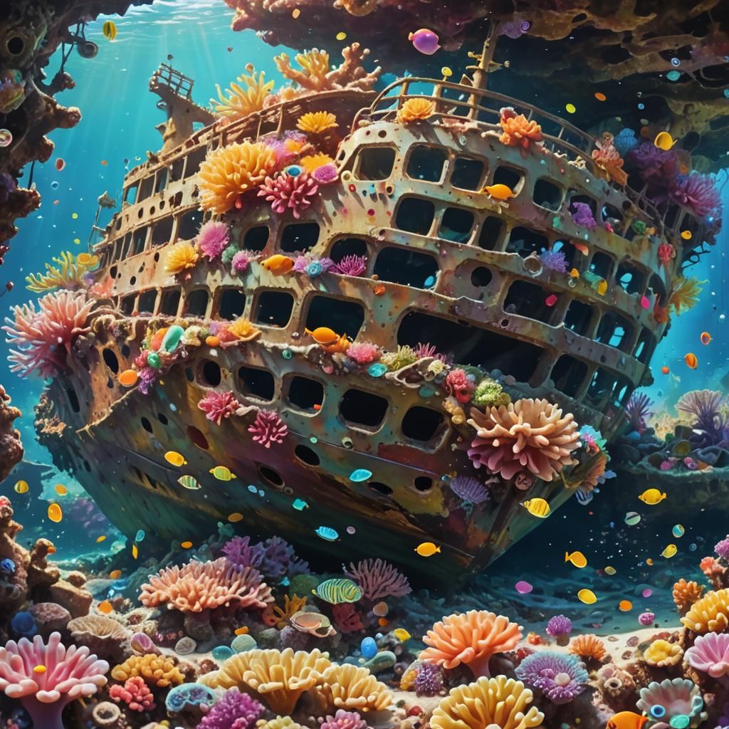 Coral Reef Shipwreck in Playful Digital Art Style