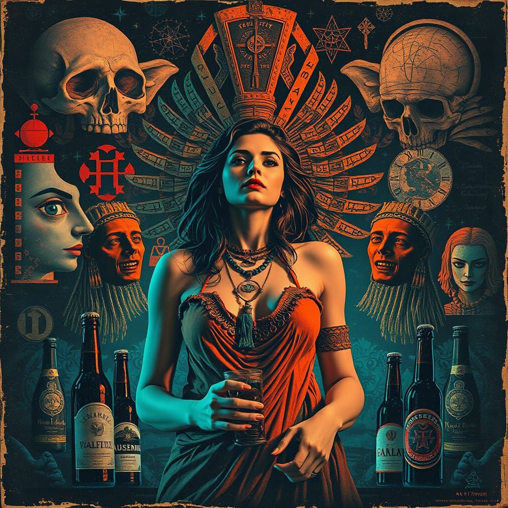 Surreal Noir Aztec Woman in Vintage Poster Style