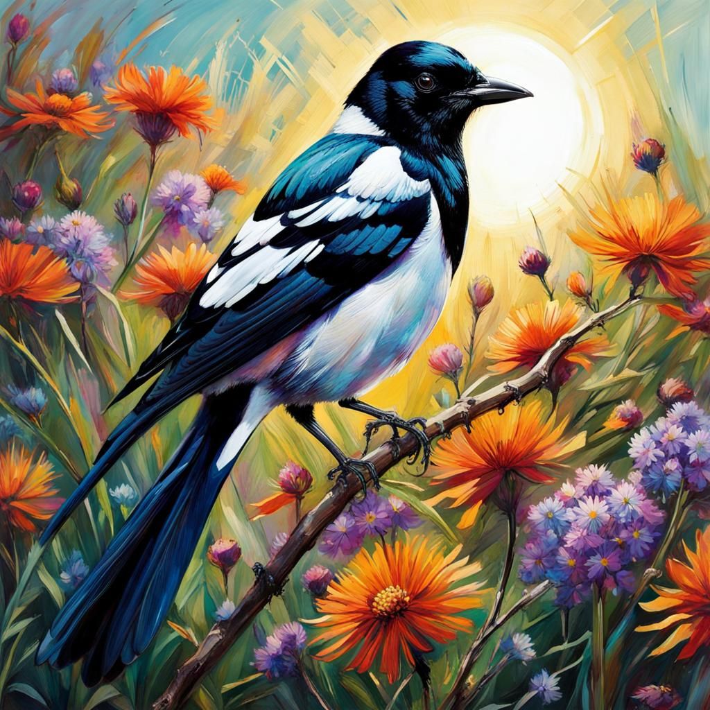 Hyperrealistic Magpie in Wildflower Garden, Fantasycore Art