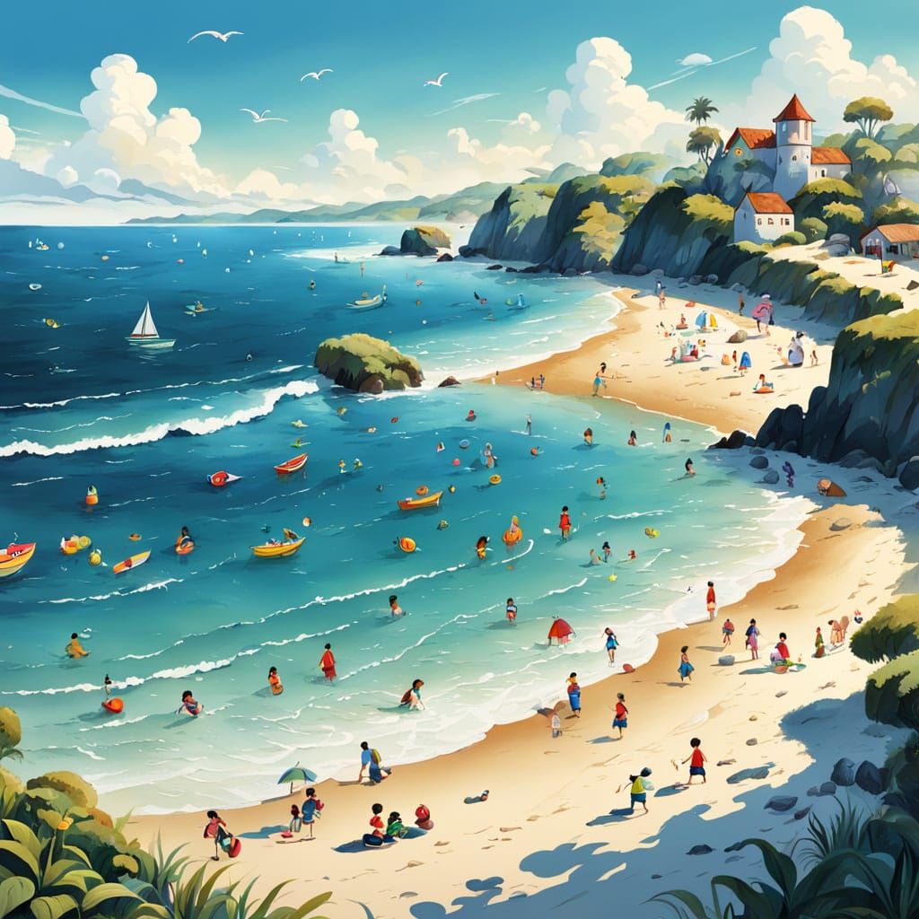 Enchanting Children's Fairytale Illustration of a Busy Beach