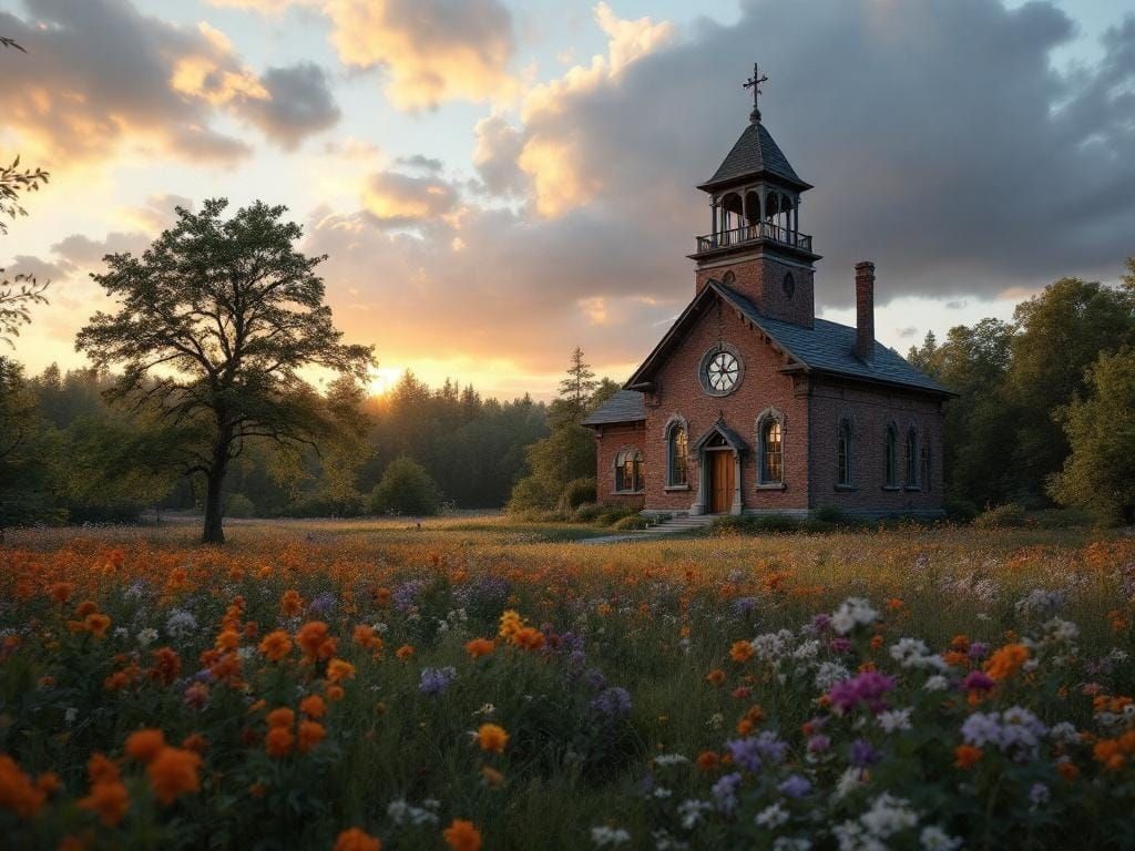 Victorian Schoolhouse in Prairie at Magic Hour