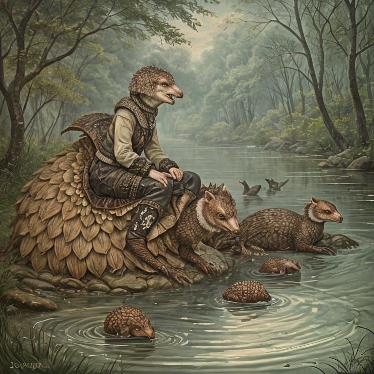 Scruffy grimdark pangolin waddles beside the river. decoupag...