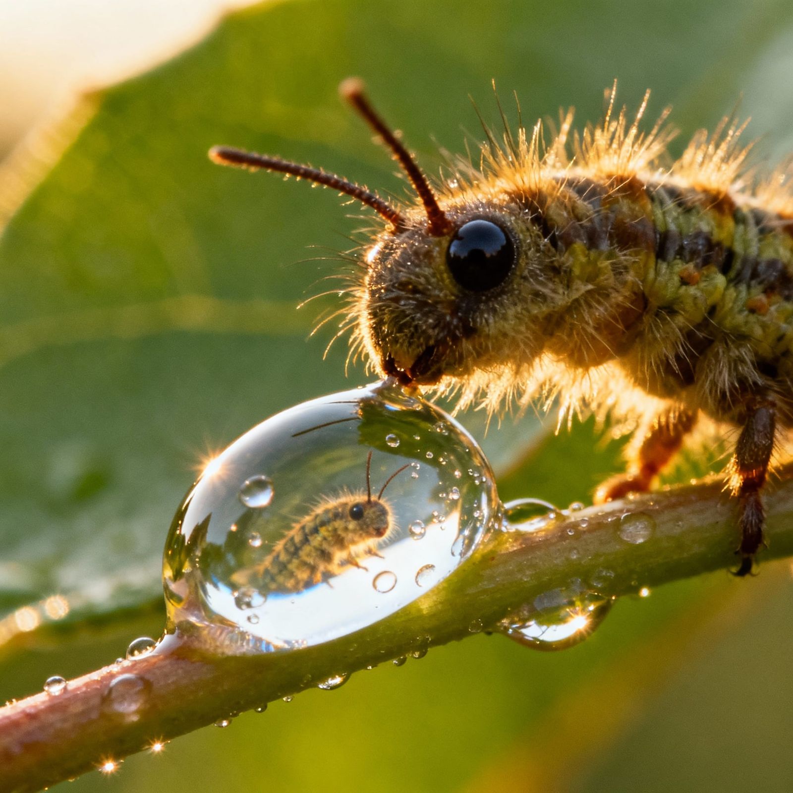 Curious Caterpillar Reflected in Dewdrop