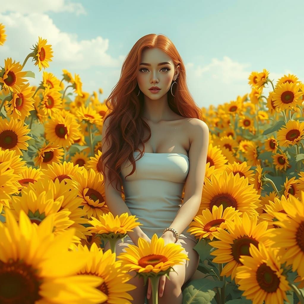 Redhead in Sunflower Garden: Anime and Digital Art Fusion