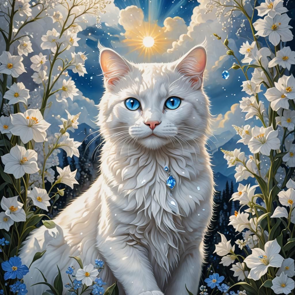 Crystalline Cat Surrounded by Larkspur in Art Nouveau