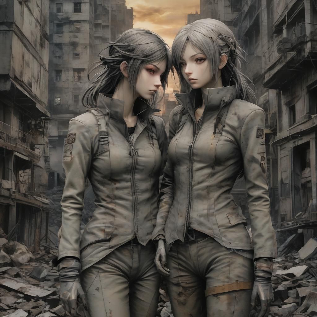 Art style of Kazuma Kaneko, Megami Tensei, surreal, abstract, two lesbian women in love, stark contrast, cool tones, les...