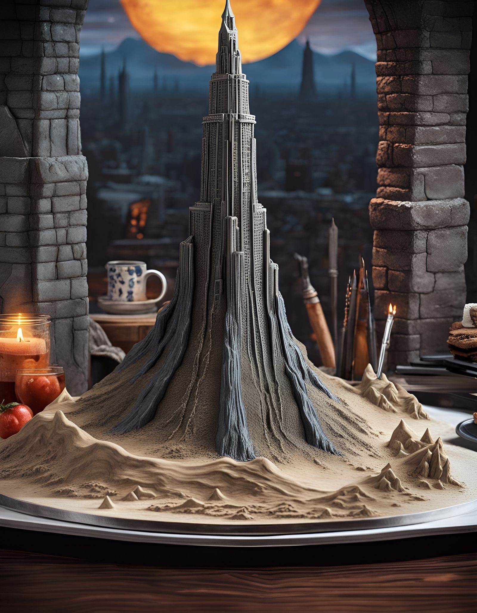 Barad-dûr Cake Tower in Dark Fantasy Comic Style