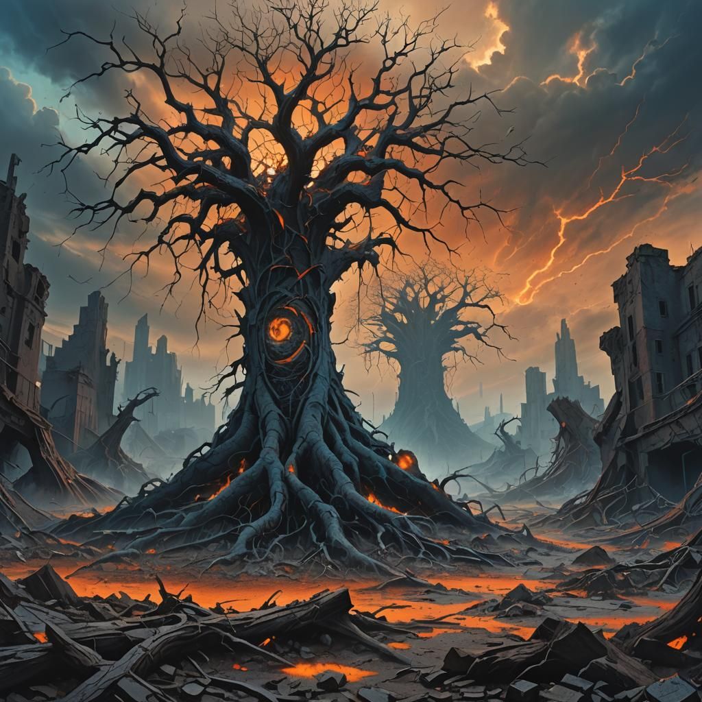 Apocalyptic Earth with Colossal Tree, Inspired by Beksiński