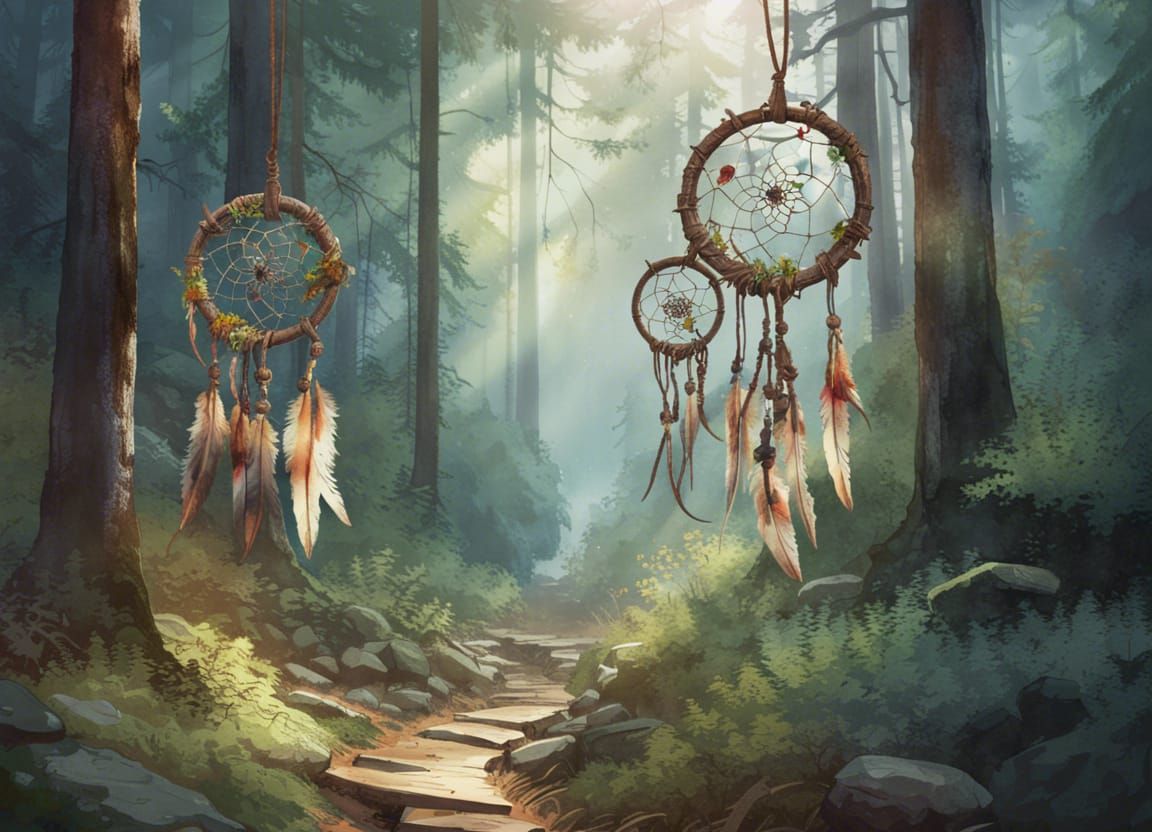 Forest Hiking Trail with Dreamcatchers Watercolor Art
