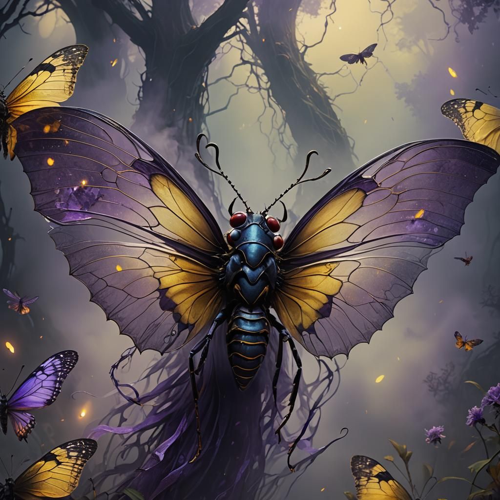 Vampiric Insect Emerges from Fog: Dark Fantasy Art