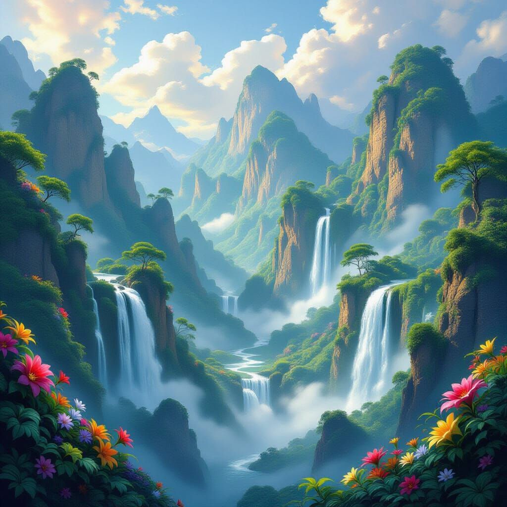 Dreamlike Waterfall Landscape with Glowing Flowers