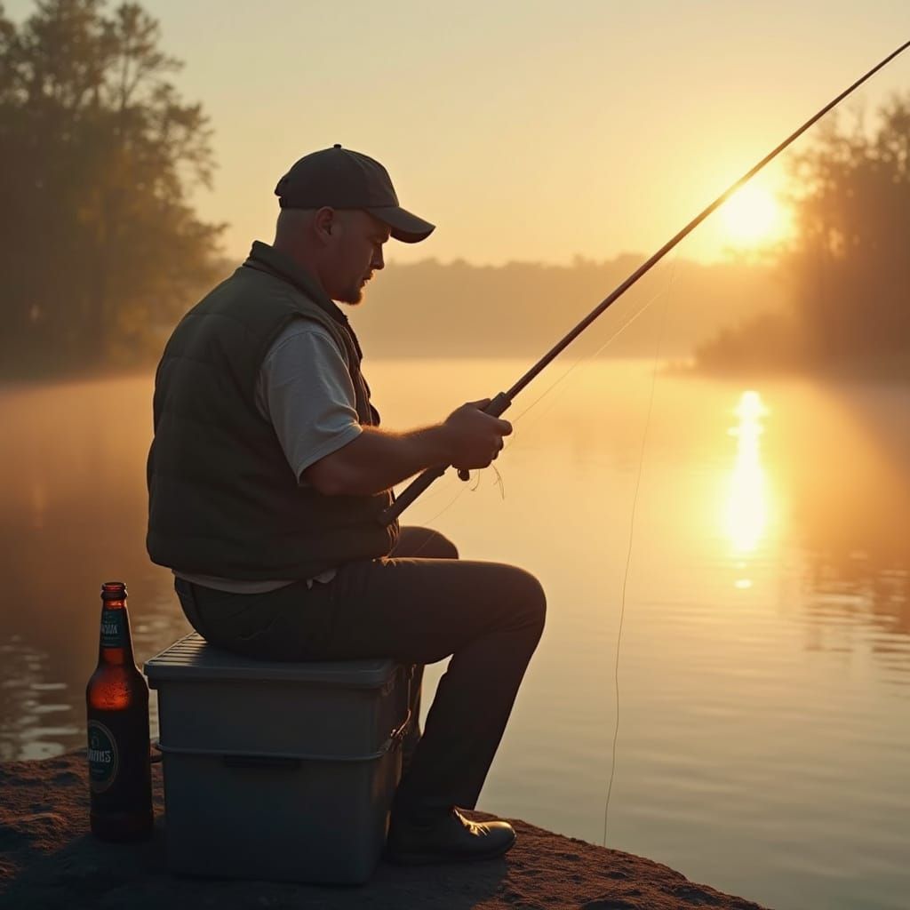 Man Fishing by Lake at Dawn with Beer