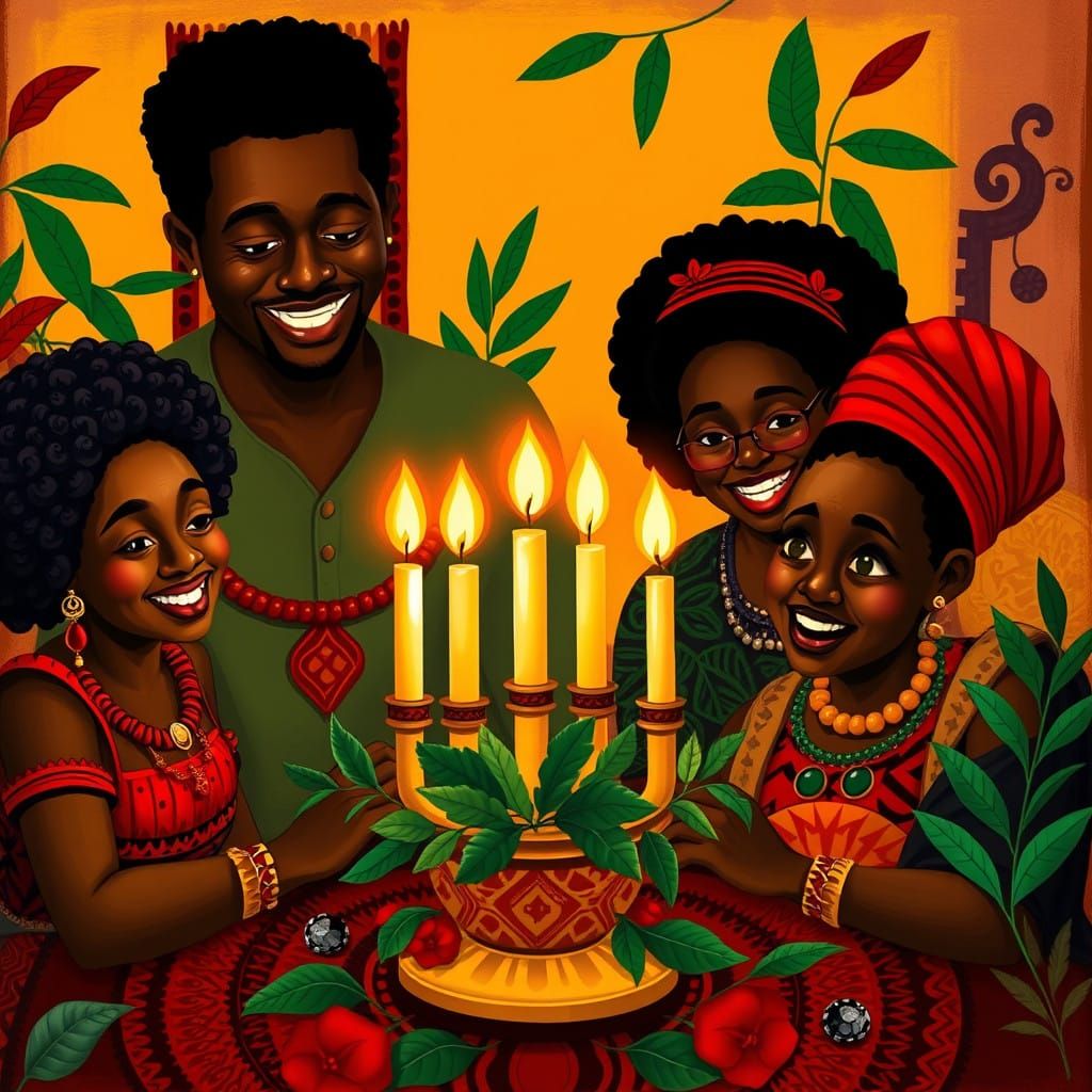 Joyful Black Family Celebrates Kwanzaa in Vibrant Colors and...