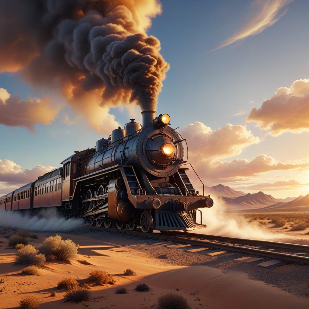 Steam Train Through Desert as Oil Painting