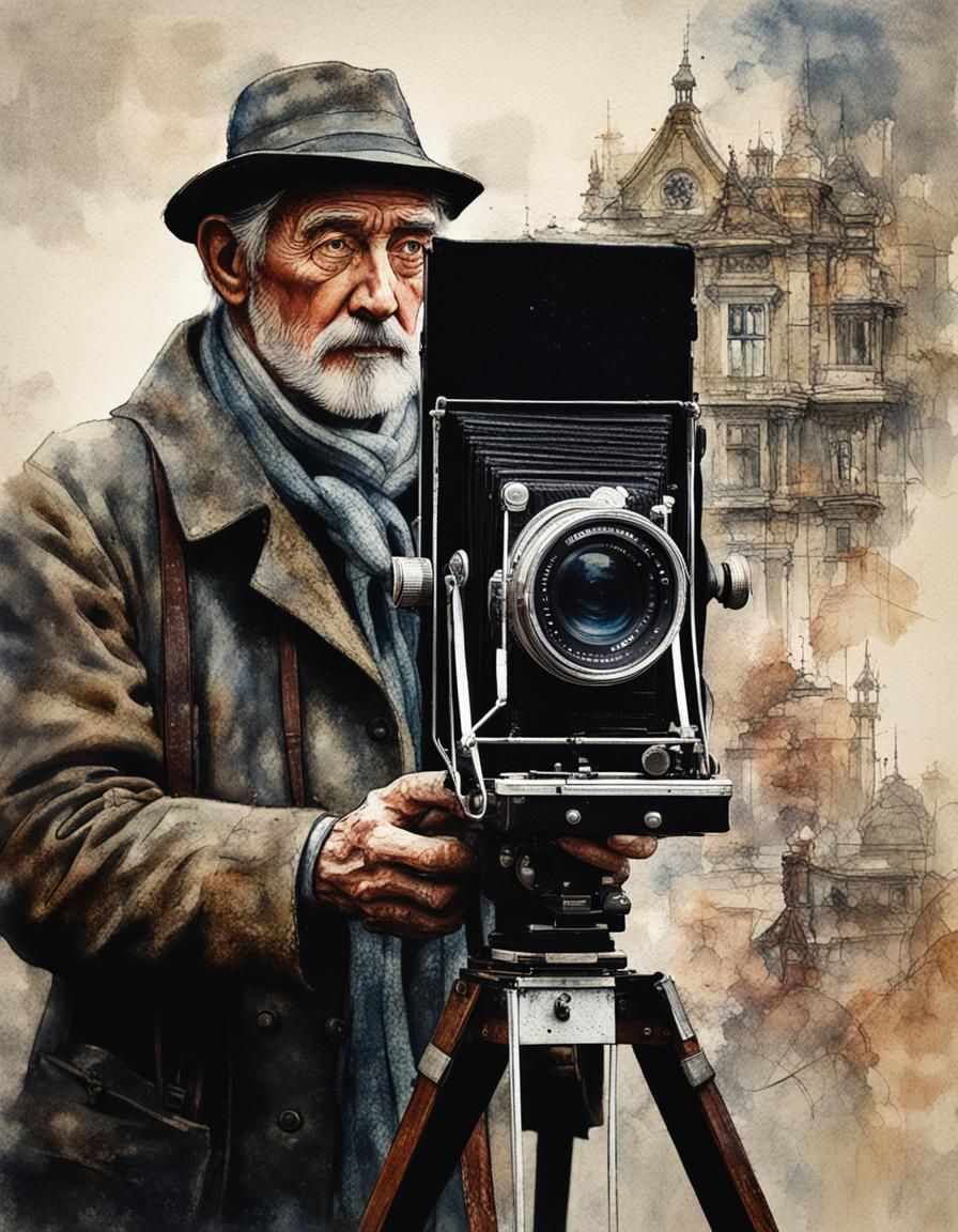 Man with Vintage Camera: Detailed Watercolor Art