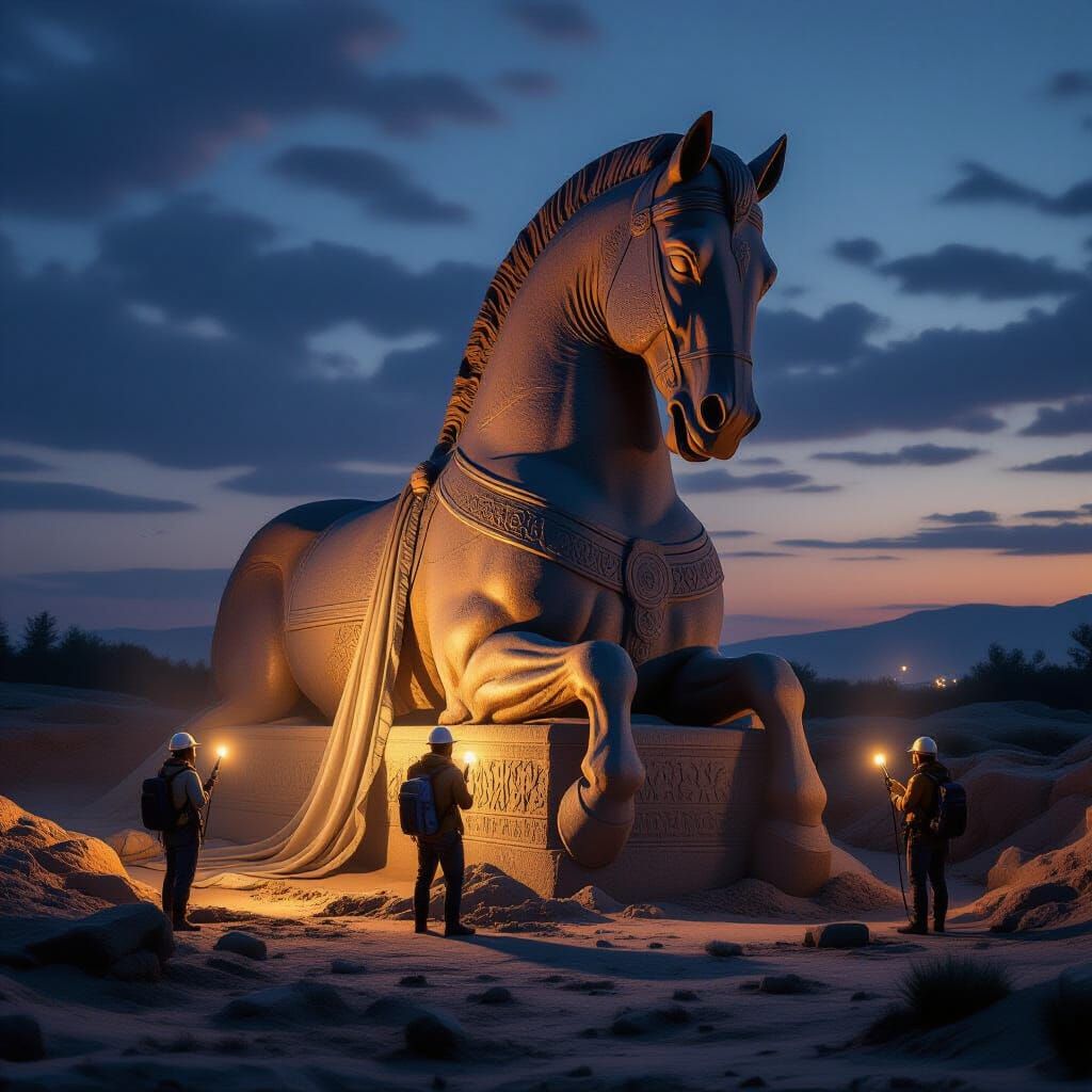 Ancient Stone Horse Statue Unearthed at Dusk Dig Site