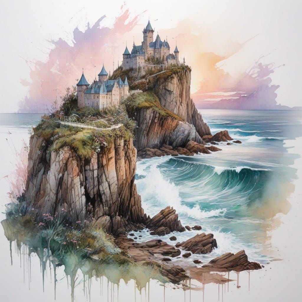 Enchanted Castle Amidst Cliffs and Ocean Waves
