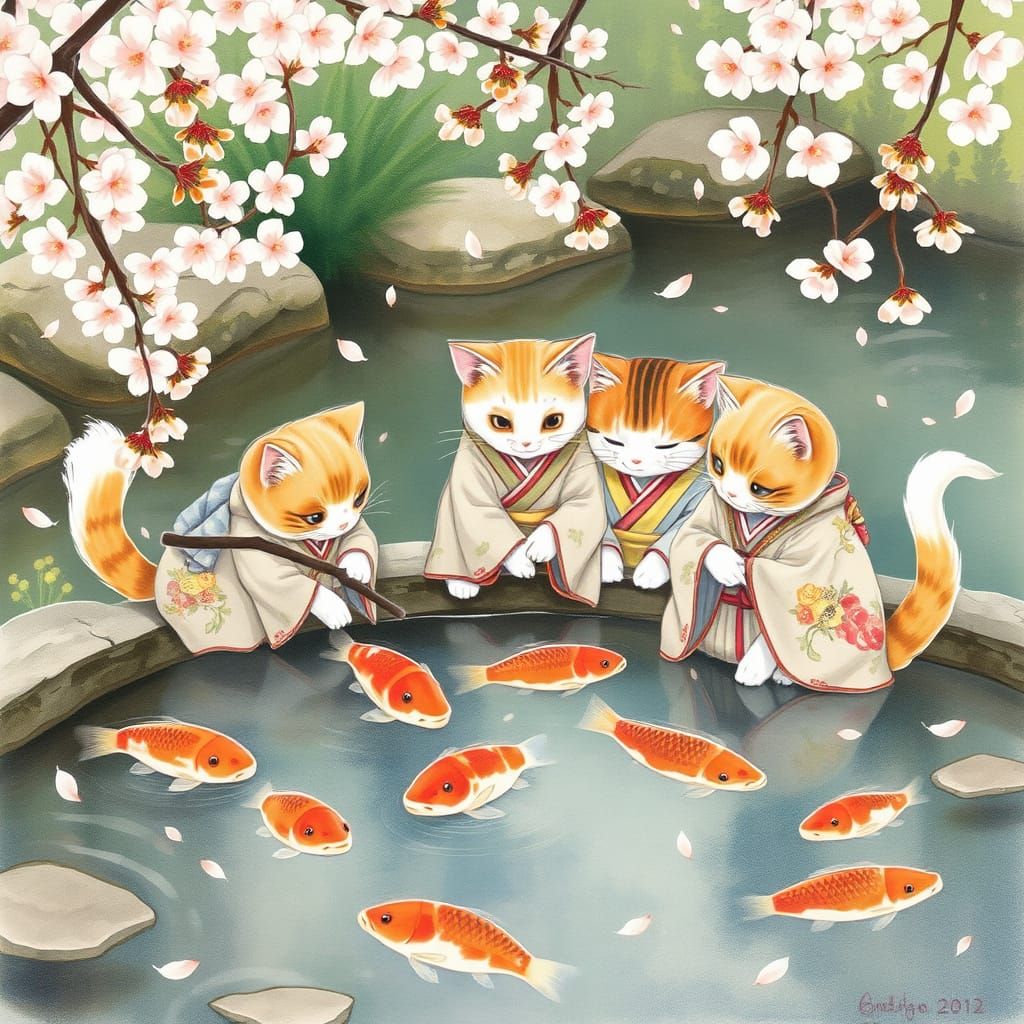 Anthropomorphic Cats in Kimonos Tend Koi Pond