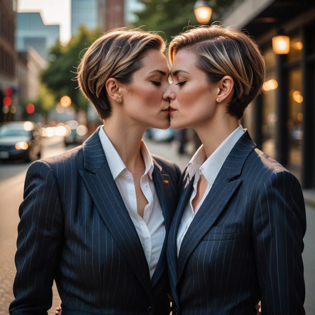 Young Lesbians in Elegant Pin Stripe Suits