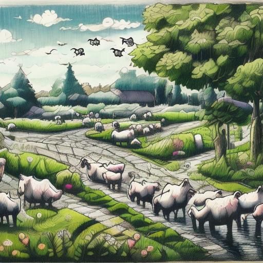 Doodle-Style Countryside Farm with Animals