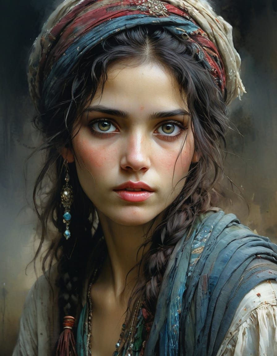 Watercolor Portrait of a Gypsy Woman Full of Emotion