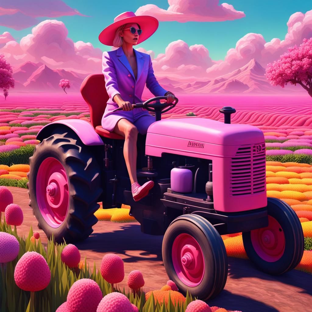 American Mafia Girl Drives Tractor: 3D Pink Art