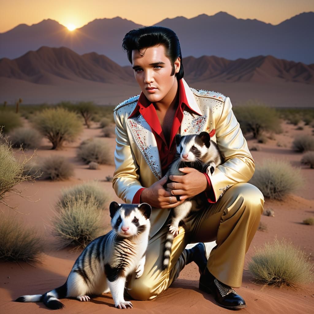 Elvis and Giant Ferret in Desert Sunset Photo