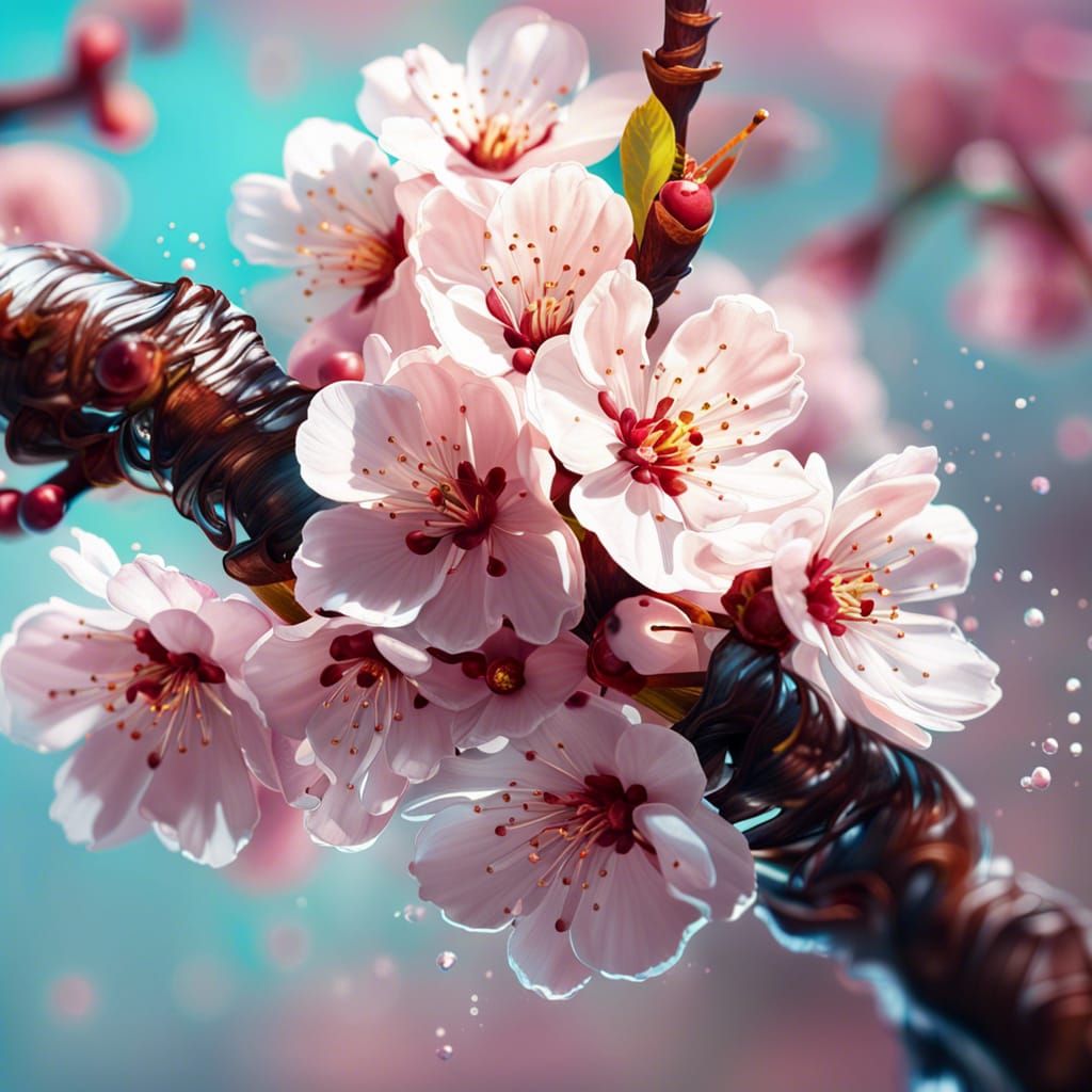 Detailed Cherry Blossom Branch in Splash Art Style