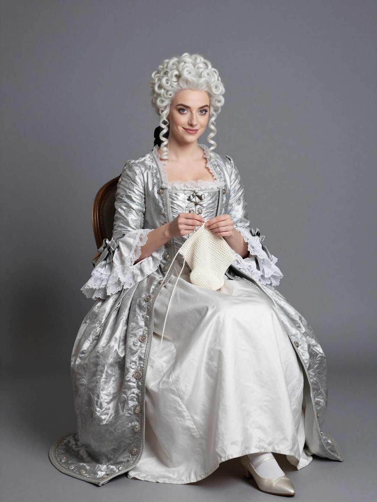 Elegant Noblewoman Crocheting in 1800s Attire