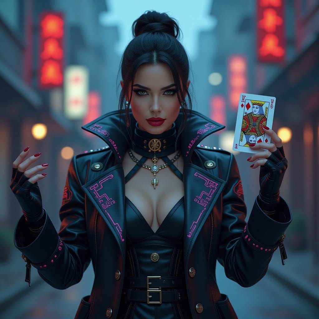 Cyberpunk Siren Emerges from Tarot Card in Neon-Lit Glory