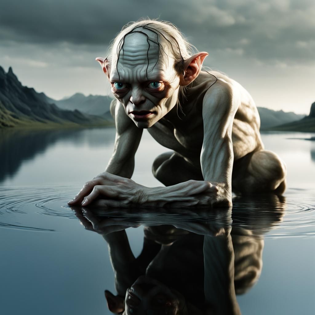 Gollum's Reflection in Mordor: An Epic Fantasy Scene