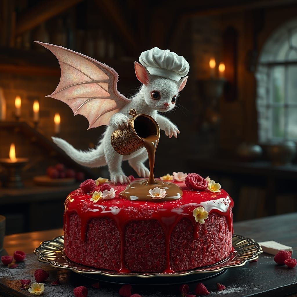 Dragon Chef Decorates Cake in Photorealistic Style