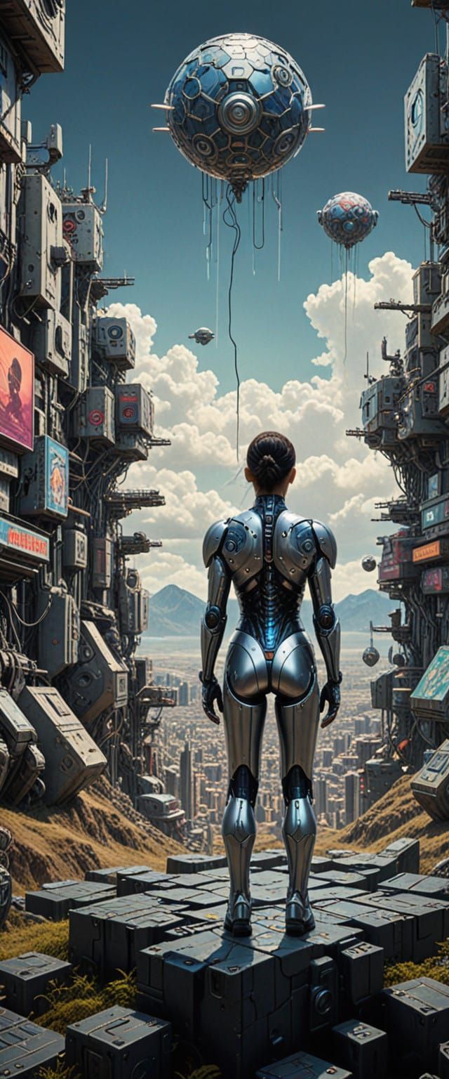 Cyborg Sci-Fi Movie Monster in Distressed Encaustic Painting...